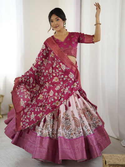 Magenta Pink Kalamkari Lehenga with Matching Floral Dupatta