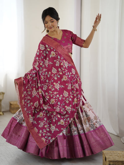 Magenta Pink Kalamkari Lehenga with Matching Floral Dupatta