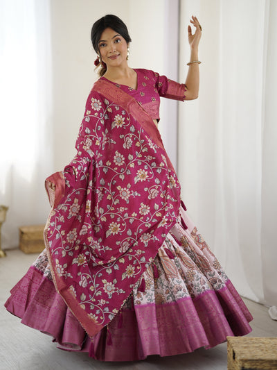 Magenta Pink Kalamkari Lehenga with Matching Floral Dupatta