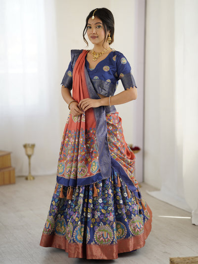 Royal Blue & Rust Kalamkari Tussar Silk Lehenga with Zari Border & Tassel Dupatta – Traditional Wedding & Festive Wear