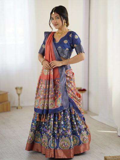 Royal Blue & Rust Kalamkari Tussar Silk Lehenga with Zari Border & Tassel Dupatta – Traditional Wedding & Festive Wear