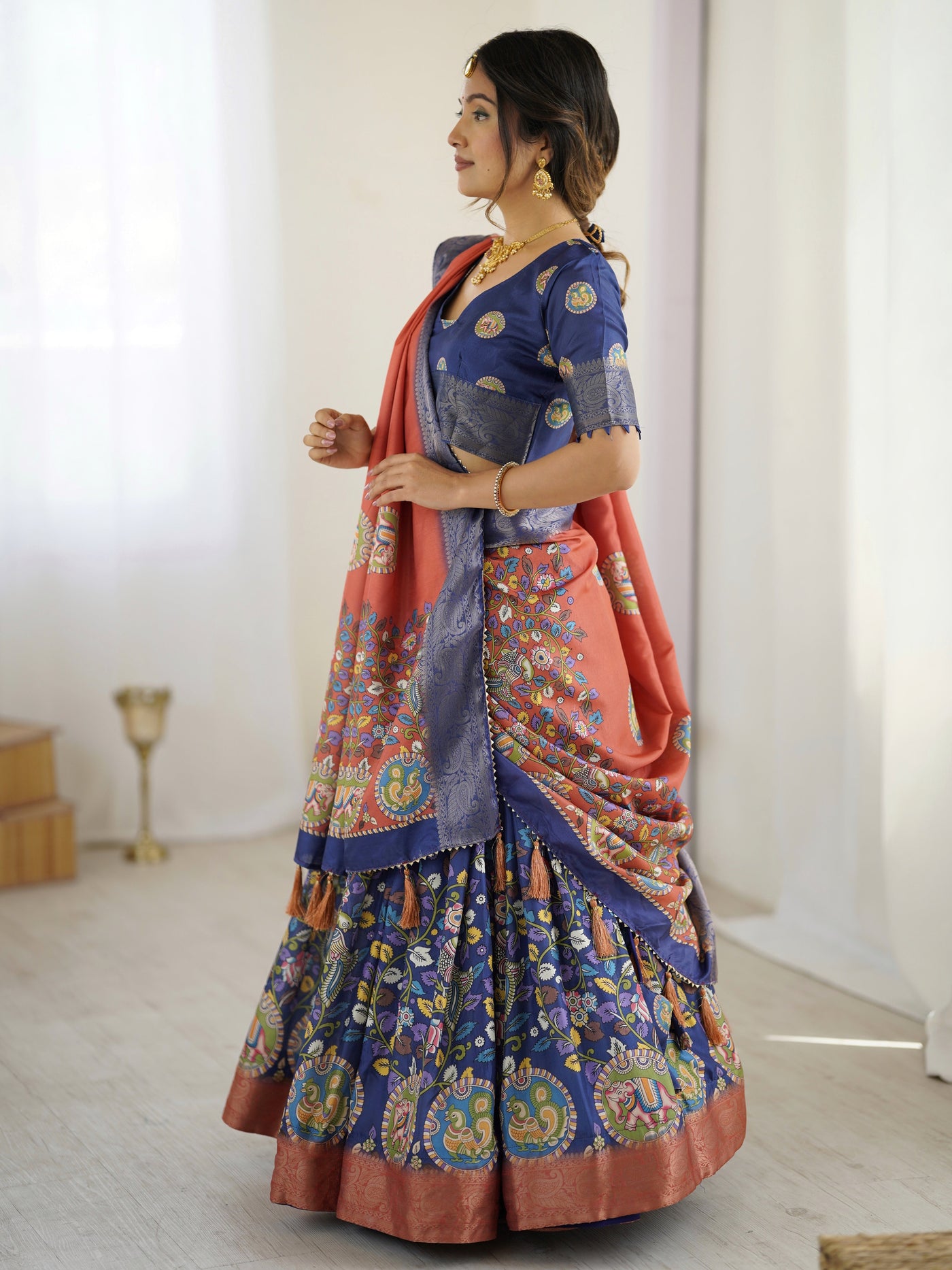 Royal Blue & Rust Kalamkari Tussar Silk Lehenga with Zari Border & Tassel Dupatta – Traditional Wedding & Festive Wear