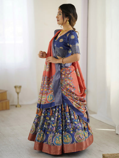 Royal Blue & Rust Kalamkari Tussar Silk Lehenga with Zari Border & Tassel Dupatta – Traditional Wedding & Festive Wear
