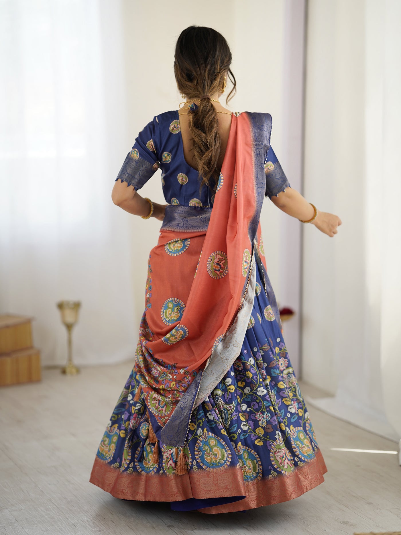 Royal Blue & Rust Kalamkari Tussar Silk Lehenga with Zari Border & Tassel Dupatta – Traditional Wedding & Festive Wear