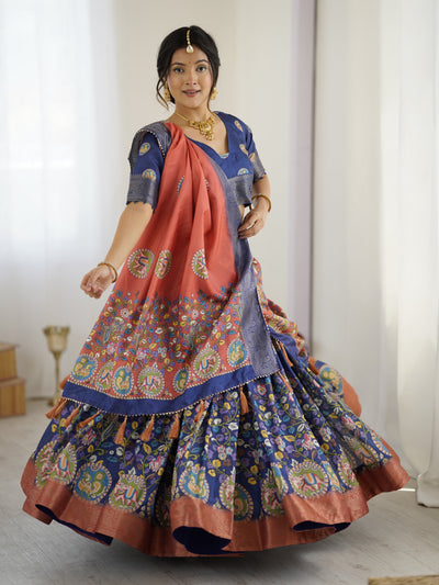 Royal Blue & Rust Kalamkari Tussar Silk Lehenga with Zari Border & Tassel Dupatta – Traditional Wedding & Festive Wear