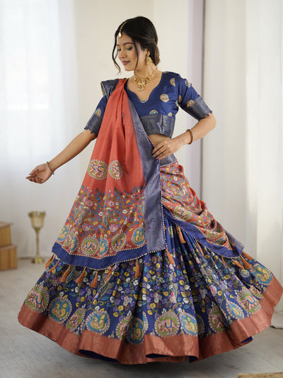 Royal Blue & Rust Kalamkari Tussar Silk Lehenga with Zari Border & Tassel Dupatta – Traditional Wedding & Festive Wear