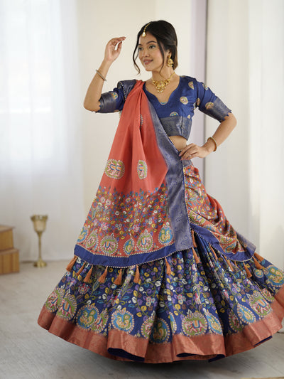 Royal Blue & Rust Kalamkari Tussar Silk Lehenga with Zari Border & Tassel Dupatta – Traditional Wedding & Festive Wear