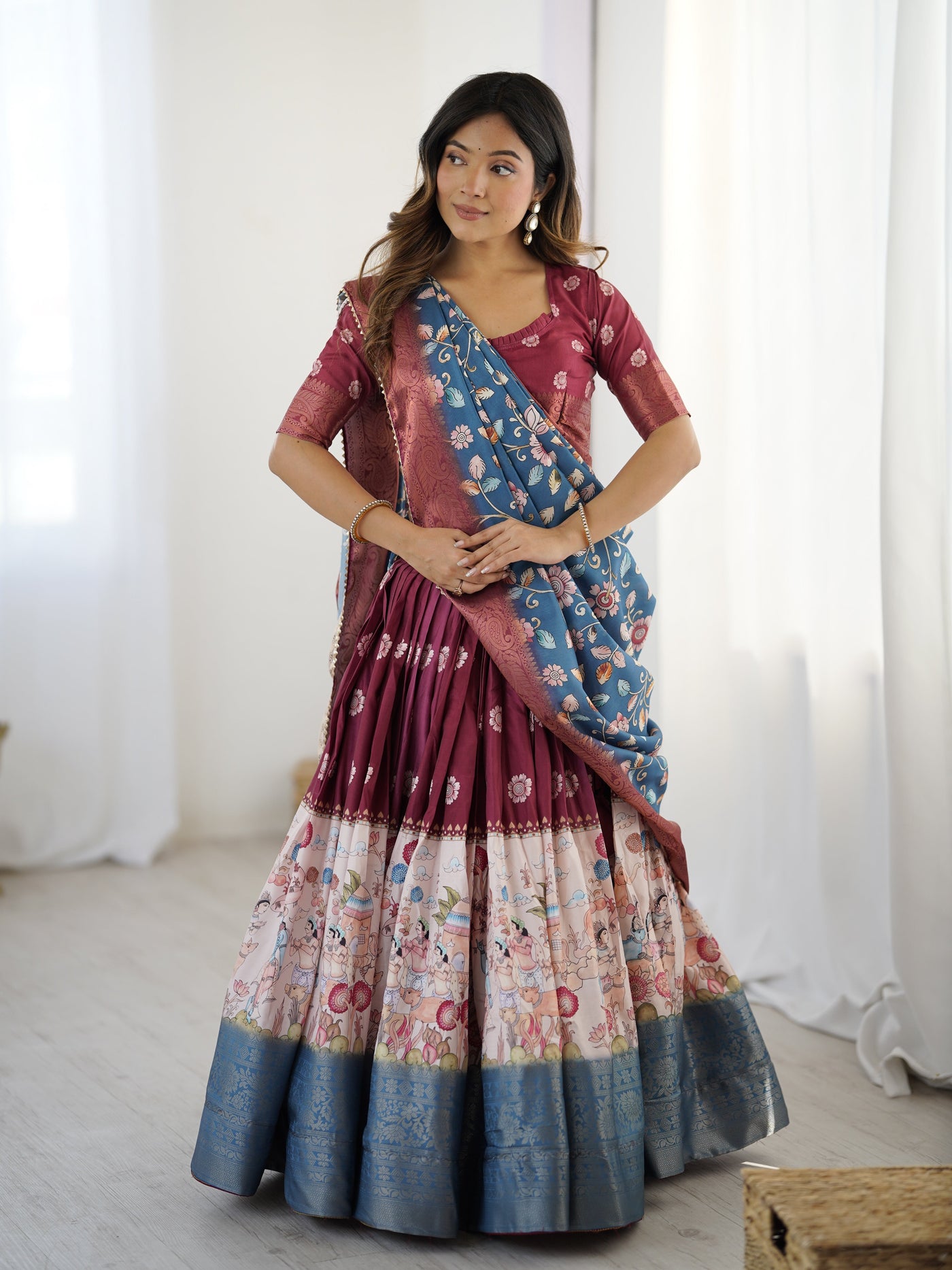 Wine Maroon Kalamkari Lehenga with Blue Floral Dupatta