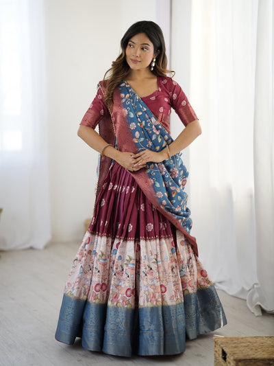 Wine Maroon Kalamkari Lehenga with Blue Floral Dupatta