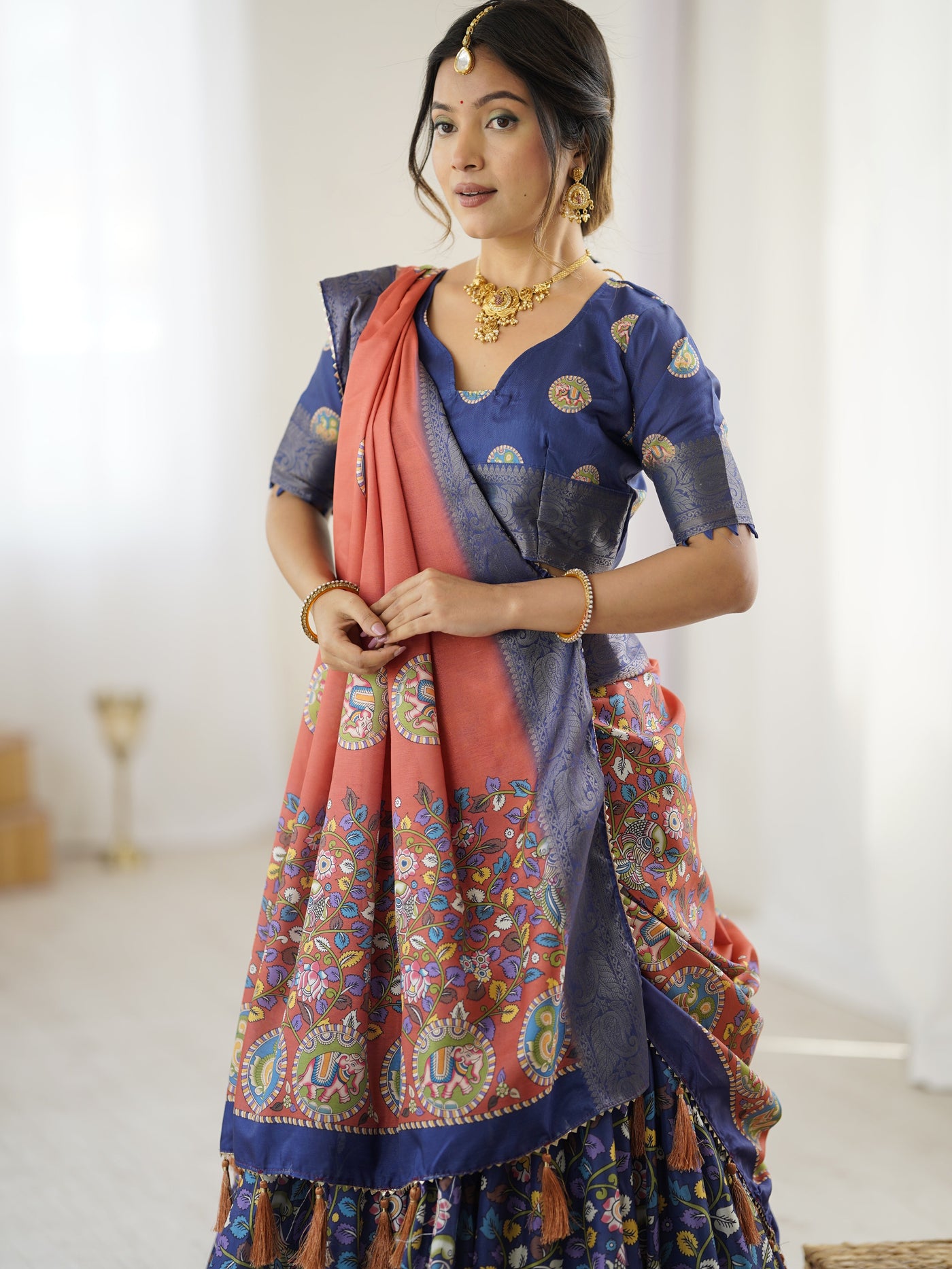 Royal Blue & Rust Kalamkari Tussar Silk Lehenga with Zari Border & Tassel Dupatta – Traditional Wedding & Festive Wear