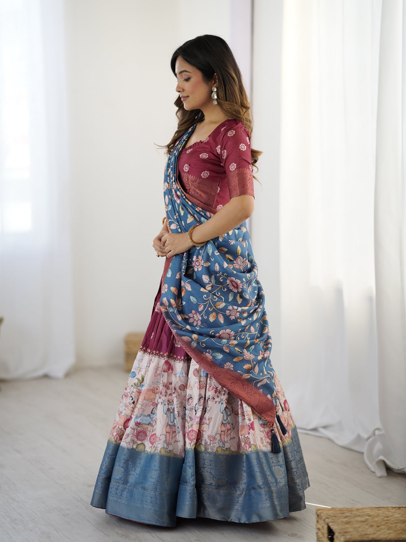 Wine Maroon Kalamkari Lehenga with Blue Floral Dupatta