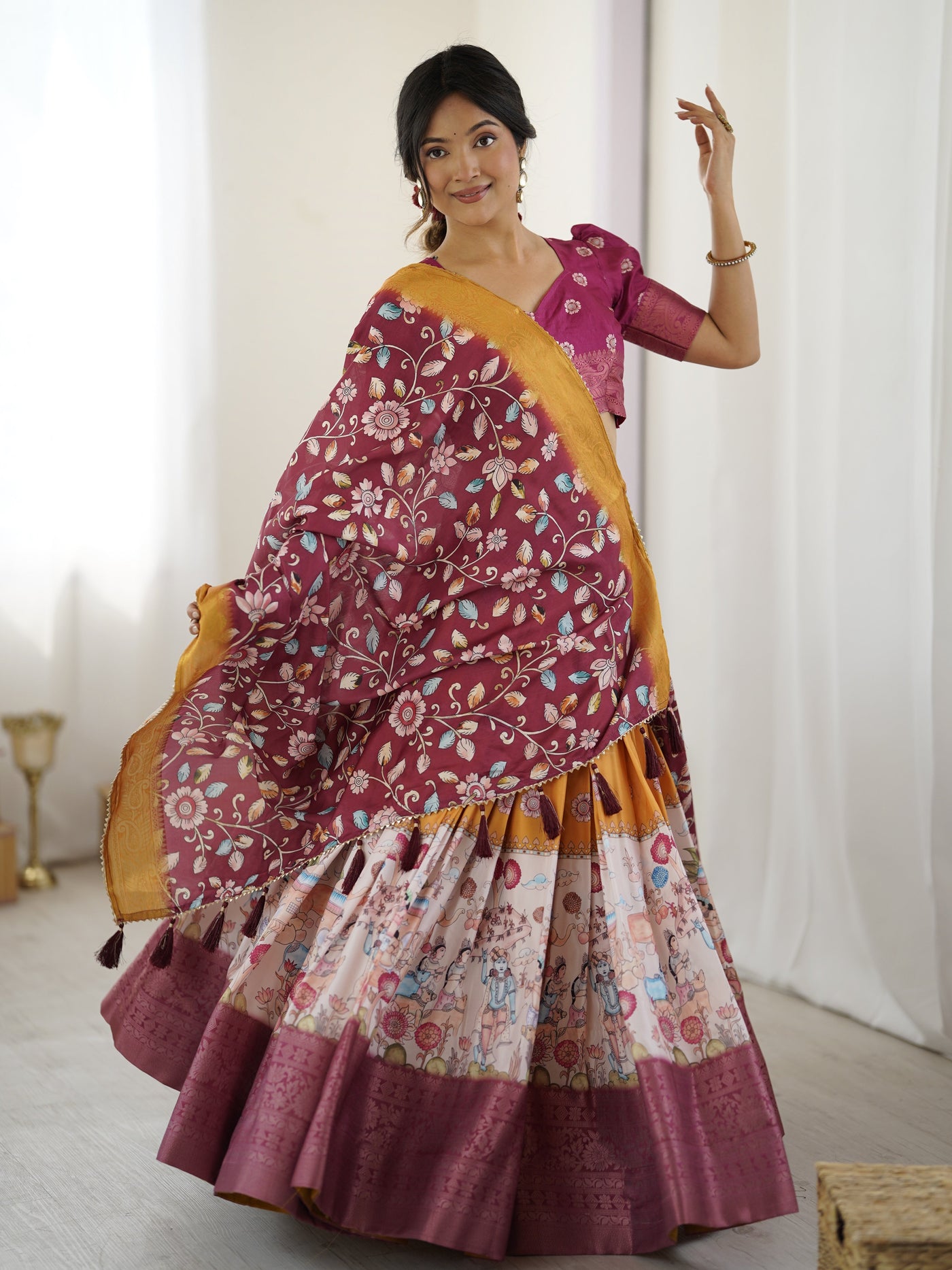 Maroon Kalamkari Lehenga with Mustard Zari Embroidered Dupatta