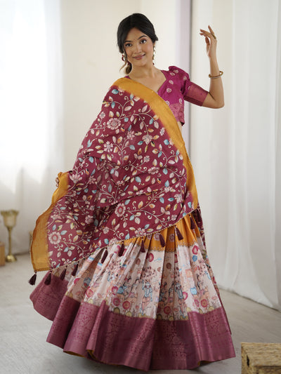 Maroon Kalamkari Lehenga with Mustard Zari Embroidered Dupatta