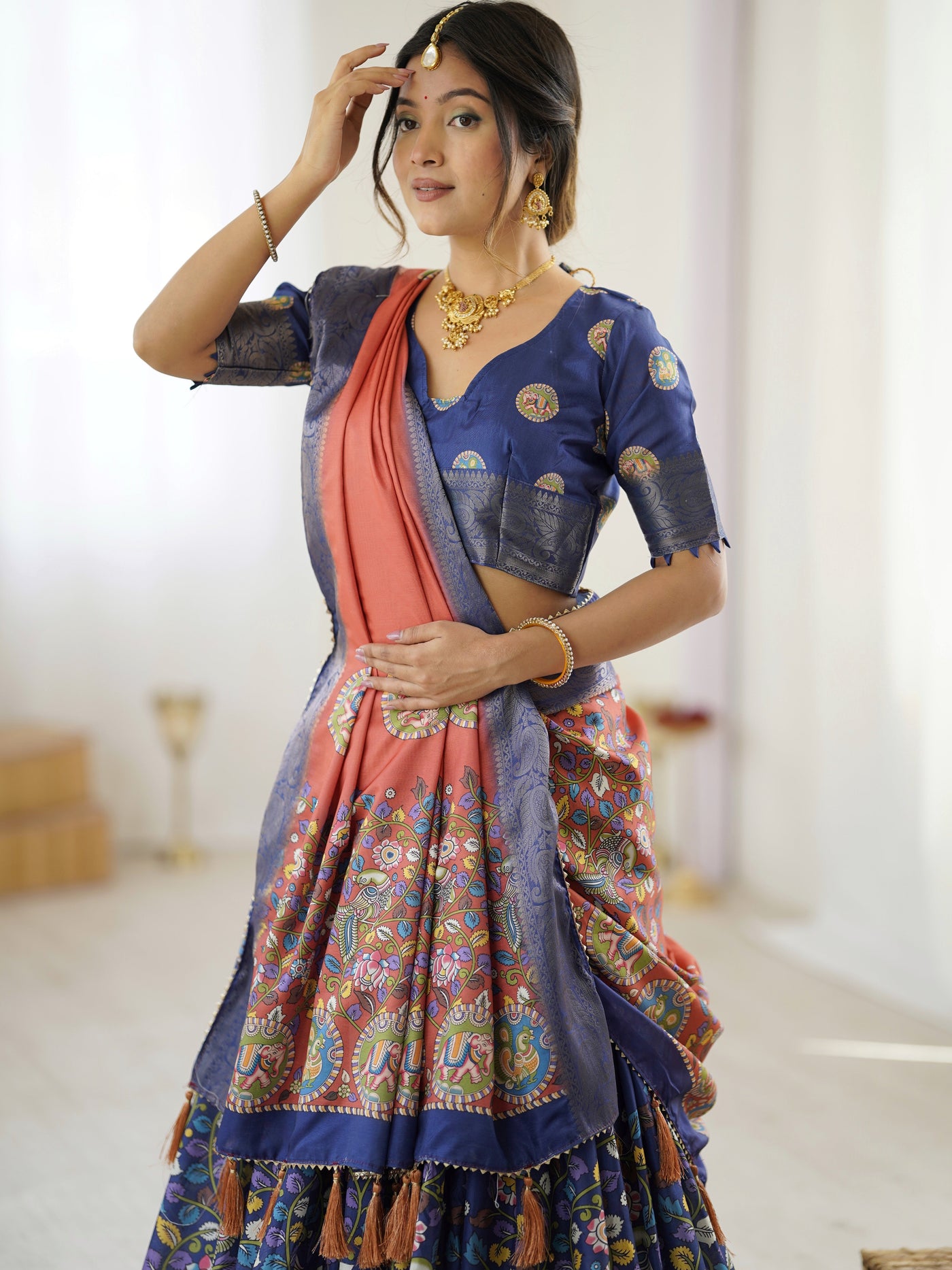 Royal Blue & Rust Kalamkari Tussar Silk Lehenga with Zari Border & Tassel Dupatta – Traditional Wedding & Festive Wear