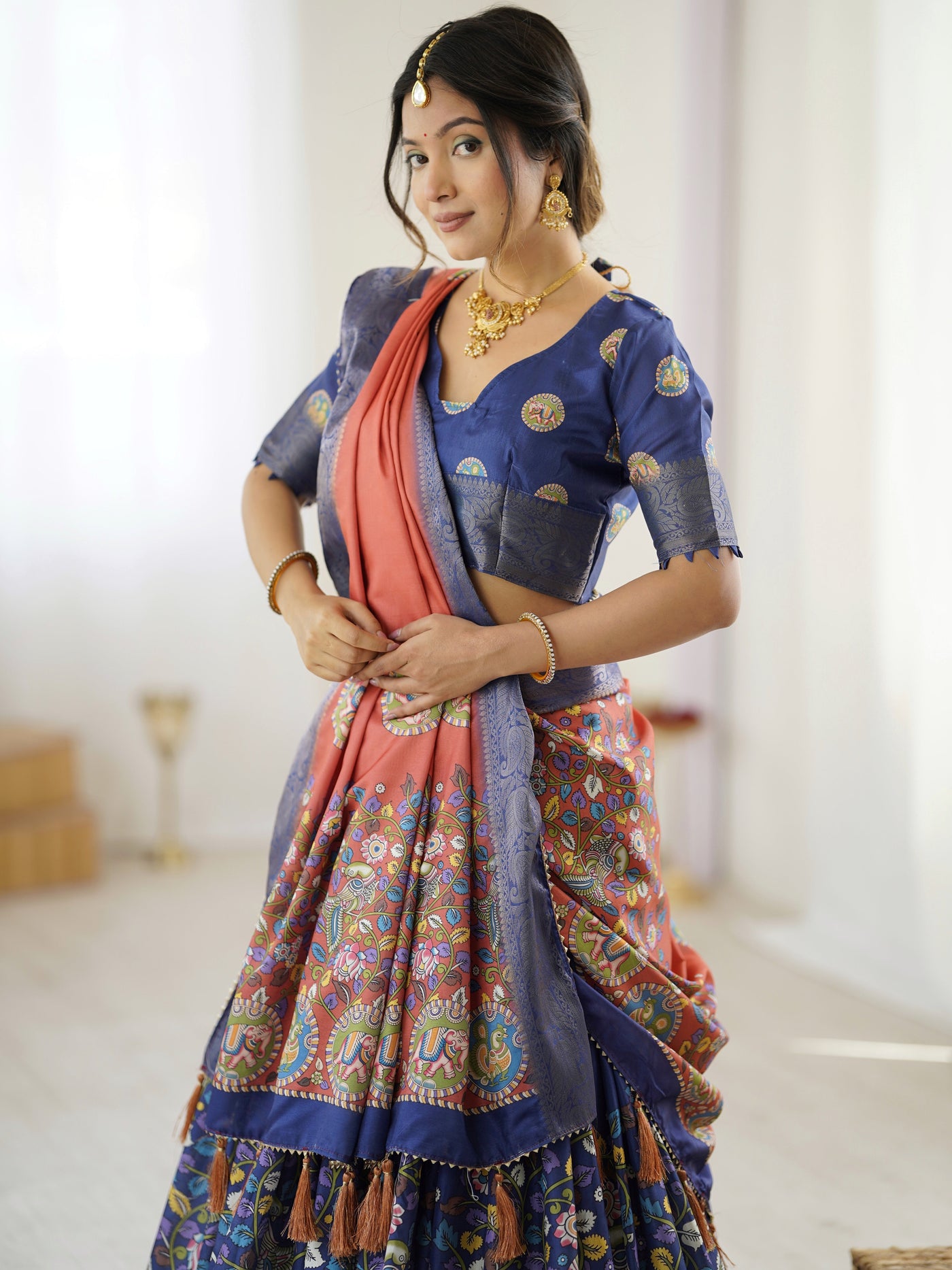 Royal Blue & Rust Kalamkari Tussar Silk Lehenga with Zari Border & Tassel Dupatta – Traditional Wedding & Festive Wear