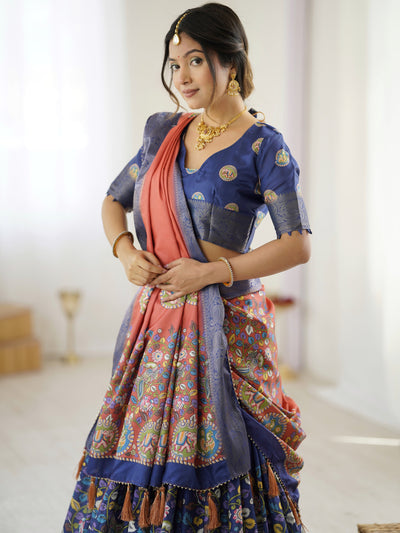 Royal Blue & Rust Kalamkari Tussar Silk Lehenga with Zari Border & Tassel Dupatta – Traditional Wedding & Festive Wear