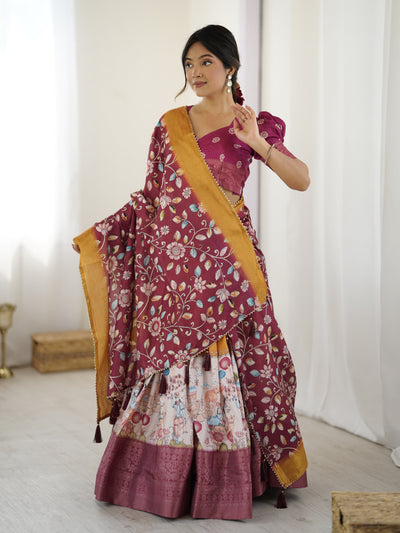 Maroon Kalamkari Lehenga with Mustard Zari Embroidered Dupatta