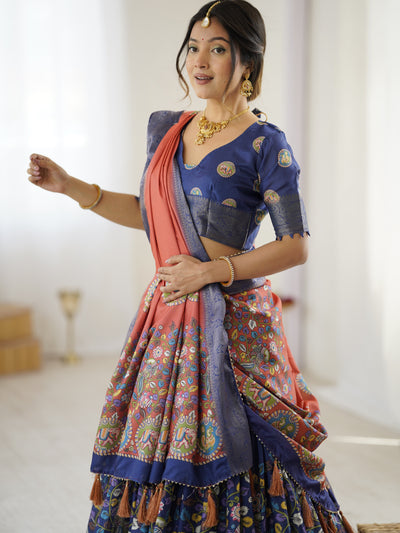 Royal Blue & Rust Kalamkari Tussar Silk Lehenga with Zari Border & Tassel Dupatta – Traditional Wedding & Festive Wear