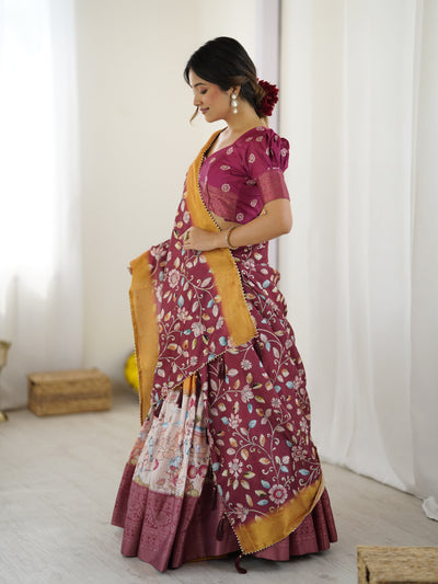Maroon Kalamkari Lehenga with Mustard Zari Embroidered Dupatta