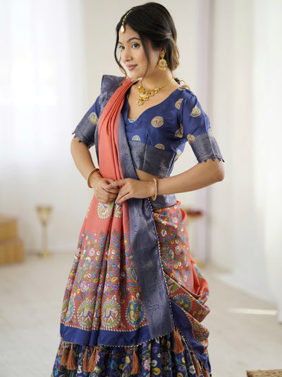 Royal Blue & Rust Kalamkari Tussar Silk Lehenga with Zari Border & Tassel Dupatta – Traditional Wedding & Festive Wear