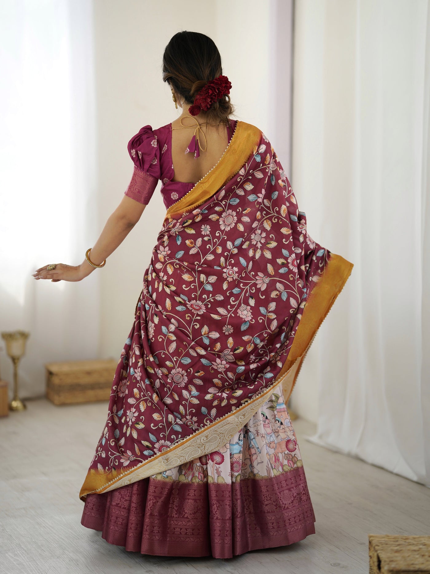 Maroon Kalamkari Lehenga with Mustard Zari Embroidered Dupatta
