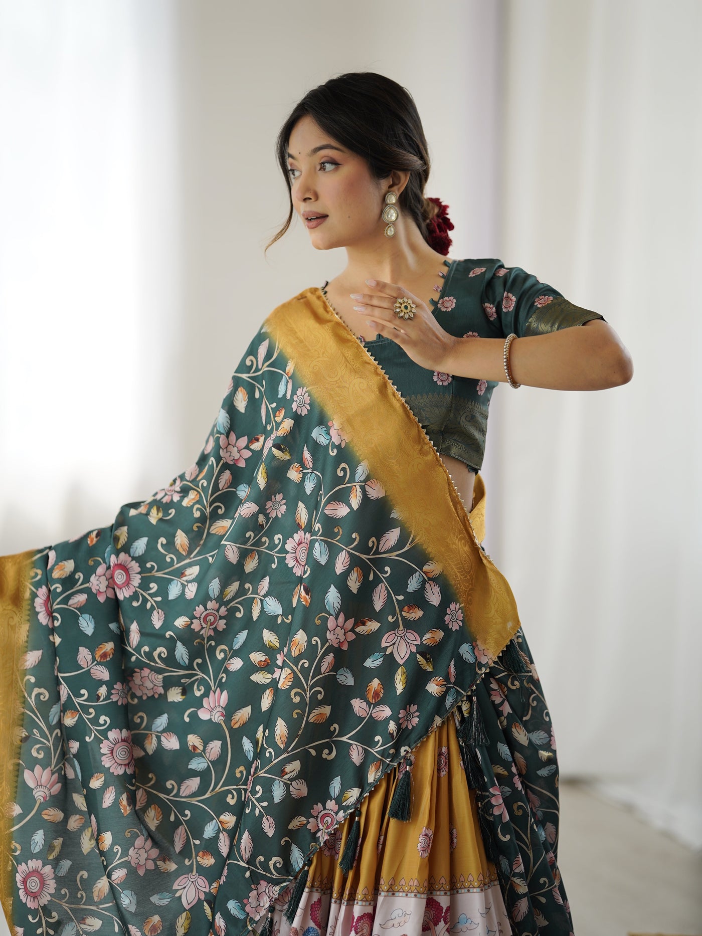 Bottle Green Kalamkari Flared Lehenga with Mustard Dupatta