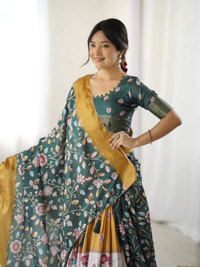 Bottle Green Kalamkari Flared Lehenga with Mustard Dupatta