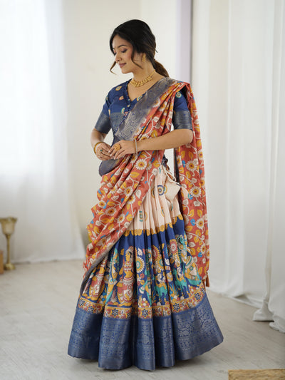 Royal Blue & Peach Kalamkari Tussar Silk Lehenga with Zari Border & Floral Tassel Dupatta – Traditional Festive Wear