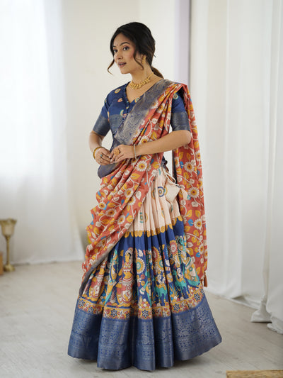 Royal Blue & Peach Kalamkari Tussar Silk Lehenga with Zari Border & Floral Tassel Dupatta – Traditional Festive Wear