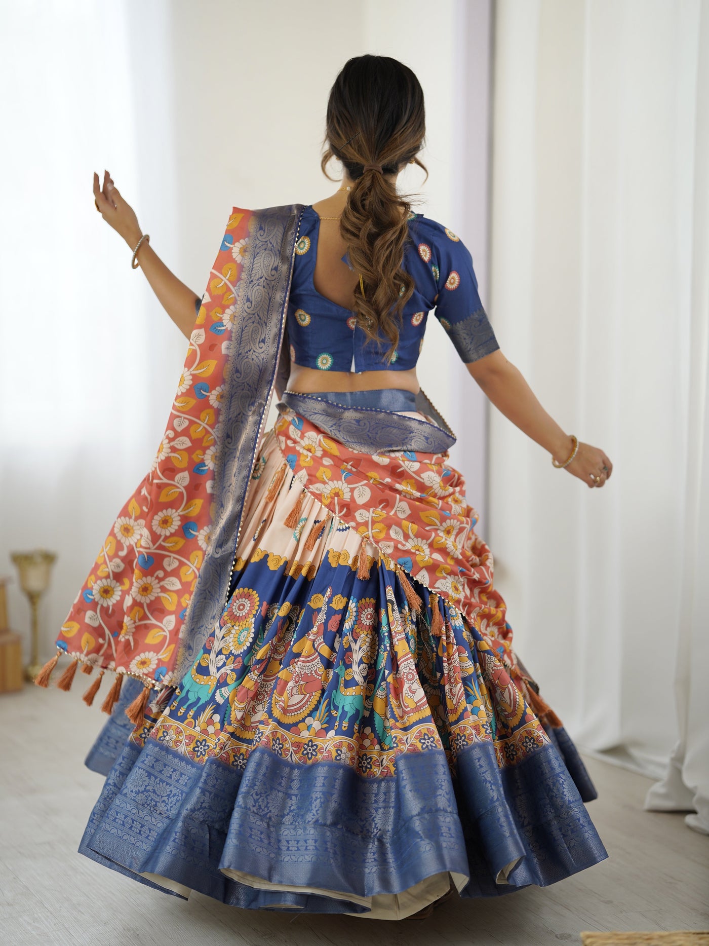 Royal Blue & Peach Kalamkari Tussar Silk Lehenga with Zari Border & Floral Tassel Dupatta – Traditional Festive Wear