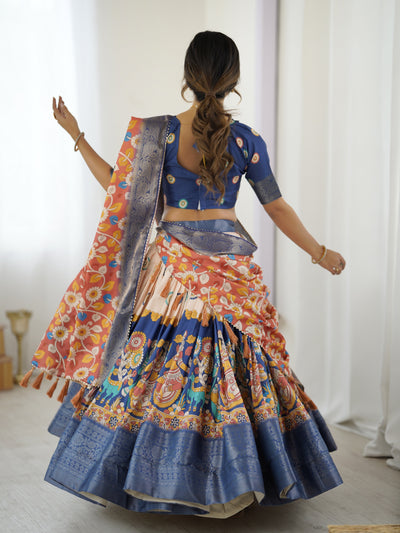 Royal Blue & Peach Kalamkari Tussar Silk Lehenga with Zari Border & Floral Tassel Dupatta – Traditional Festive Wear