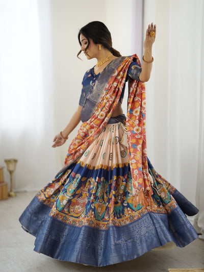 Royal Blue & Peach Kalamkari Tussar Silk Lehenga with Zari Border & Floral Tassel Dupatta – Traditional Festive Wear