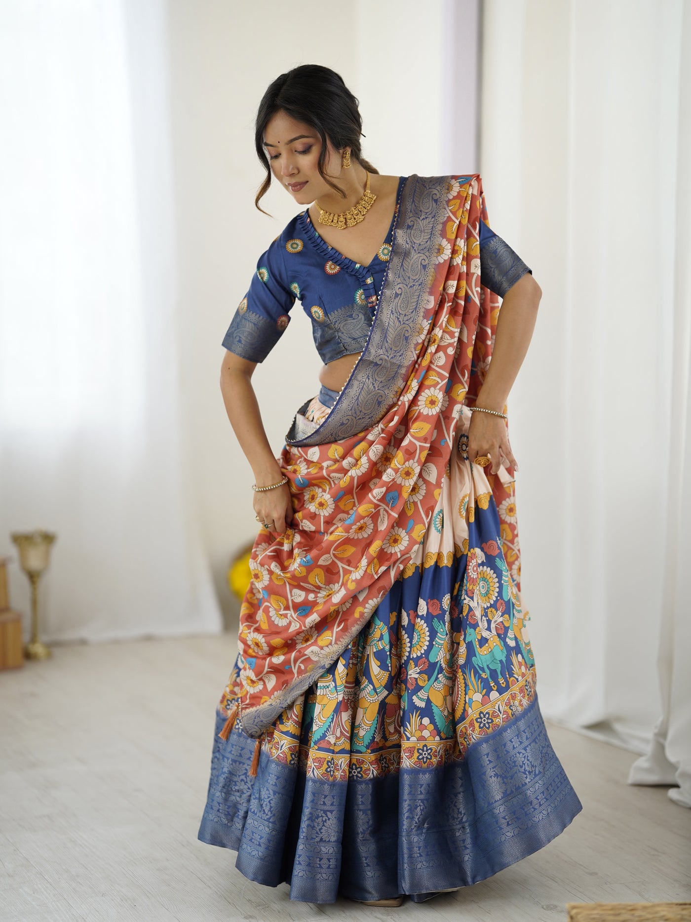 Royal Blue & Peach Kalamkari Tussar Silk Lehenga with Zari Border & Floral Tassel Dupatta – Traditional Festive Wear