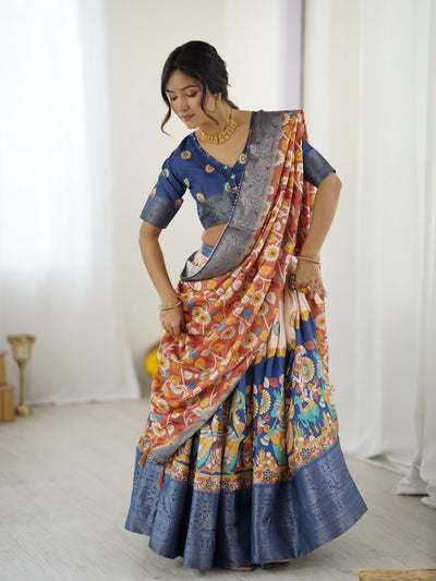 Royal Blue & Peach Kalamkari Tussar Silk Lehenga with Zari Border & Floral Tassel Dupatta – Traditional Festive Wear