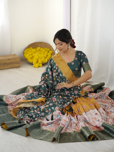Bottle Green Kalamkari Flared Lehenga with Mustard Dupatta