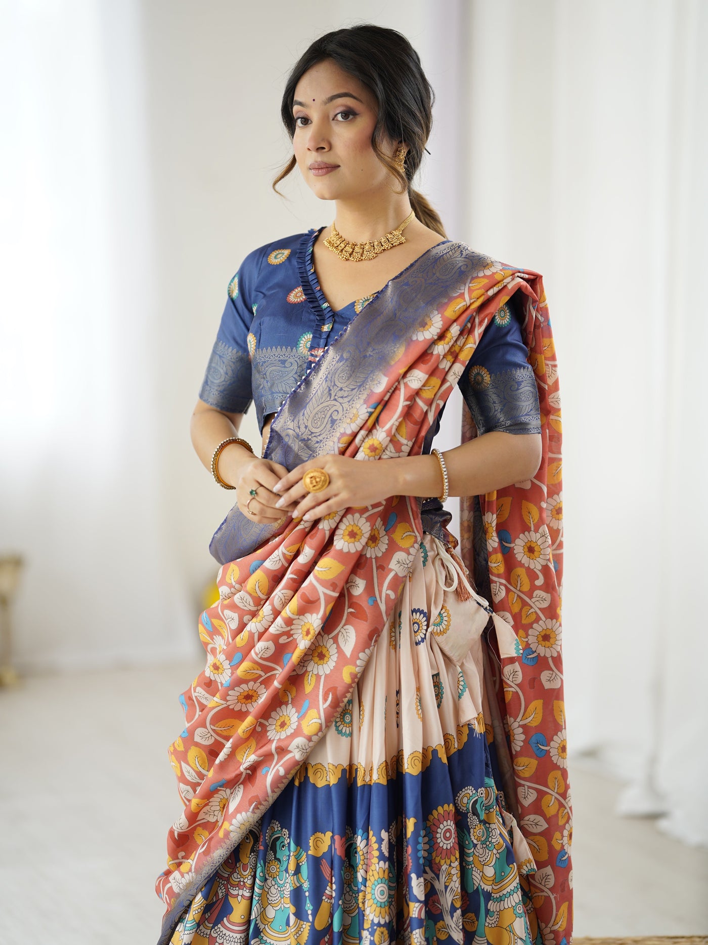 Royal Blue & Peach Kalamkari Tussar Silk Lehenga with Zari Border & Floral Tassel Dupatta – Traditional Festive Wear