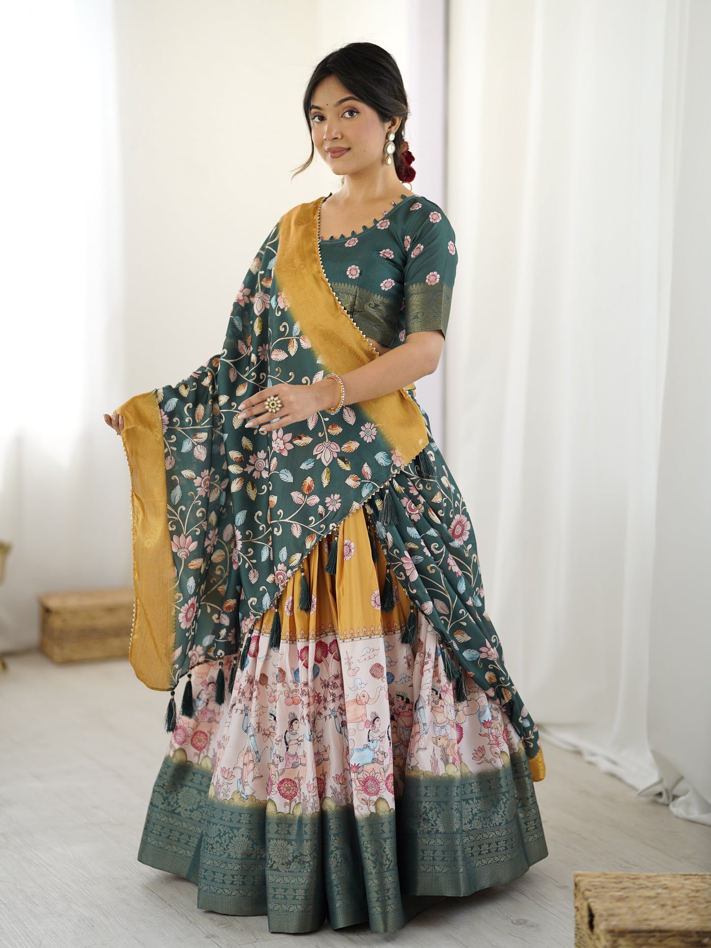 Bottle Green Kalamkari Flared Lehenga with Mustard Dupatta