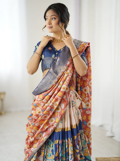 Royal Blue & Peach Kalamkari Tussar Silk Lehenga with Zari Border & Floral Tassel Dupatta – Traditional Festive Wear