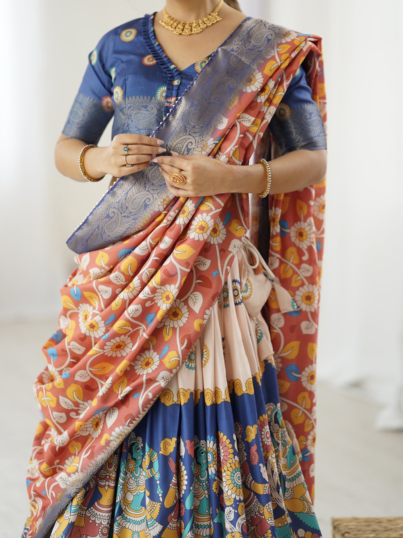 Royal Blue & Peach Kalamkari Tussar Silk Lehenga with Zari Border & Floral Tassel Dupatta – Traditional Festive Wear