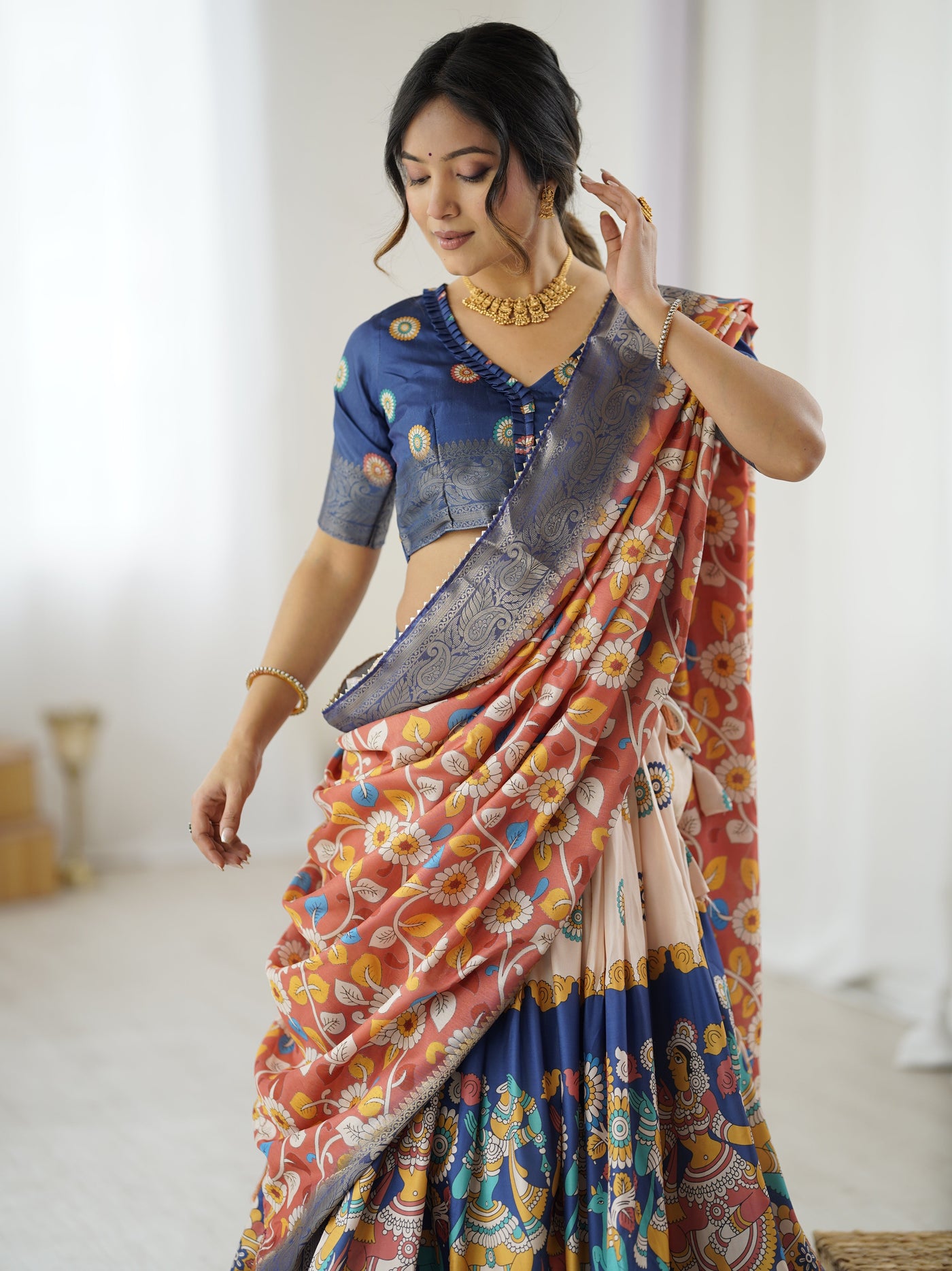 Royal Blue & Peach Kalamkari Tussar Silk Lehenga with Zari Border & Floral Tassel Dupatta – Traditional Festive Wear