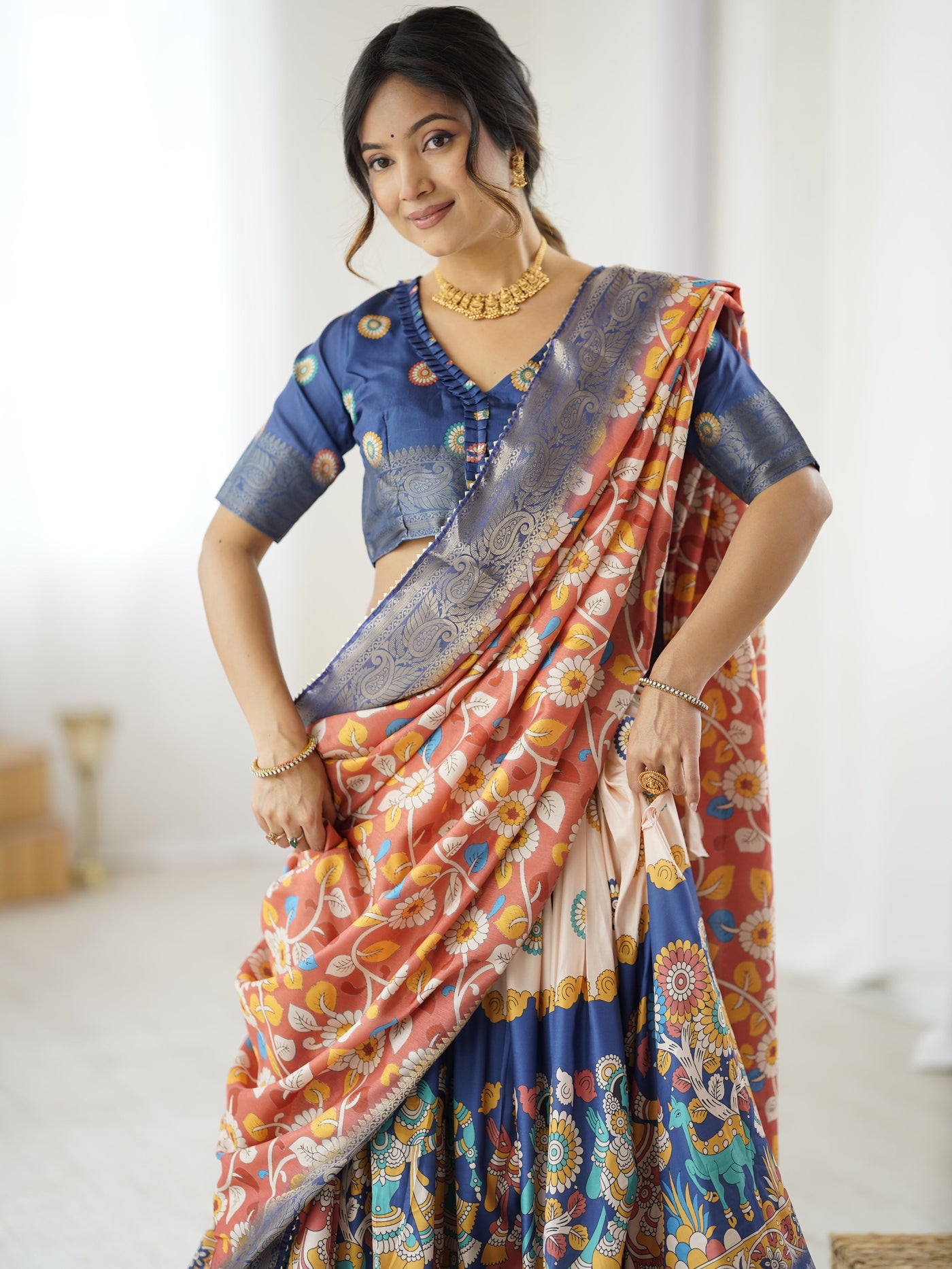 Royal Blue & Peach Kalamkari Tussar Silk Lehenga with Zari Border & Floral Tassel Dupatta – Traditional Festive Wear