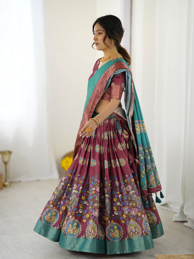 Wine & Teal Kalamkari Tussar Silk Lehenga with Zari Border & Tassel Dupatta – Festive & Wedding Wear