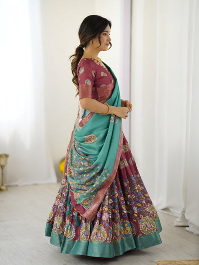 Wine & Teal Kalamkari Tussar Silk Lehenga with Zari Border & Tassel Dupatta – Festive & Wedding Wear