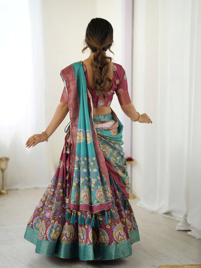 Wine & Teal Kalamkari Tussar Silk Lehenga with Zari Border & Tassel Dupatta – Festive & Wedding Wear
