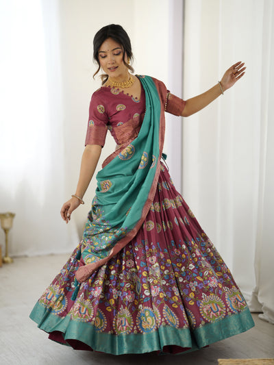 Wine & Teal Kalamkari Tussar Silk Lehenga with Zari Border & Tassel Dupatta – Festive & Wedding Wear