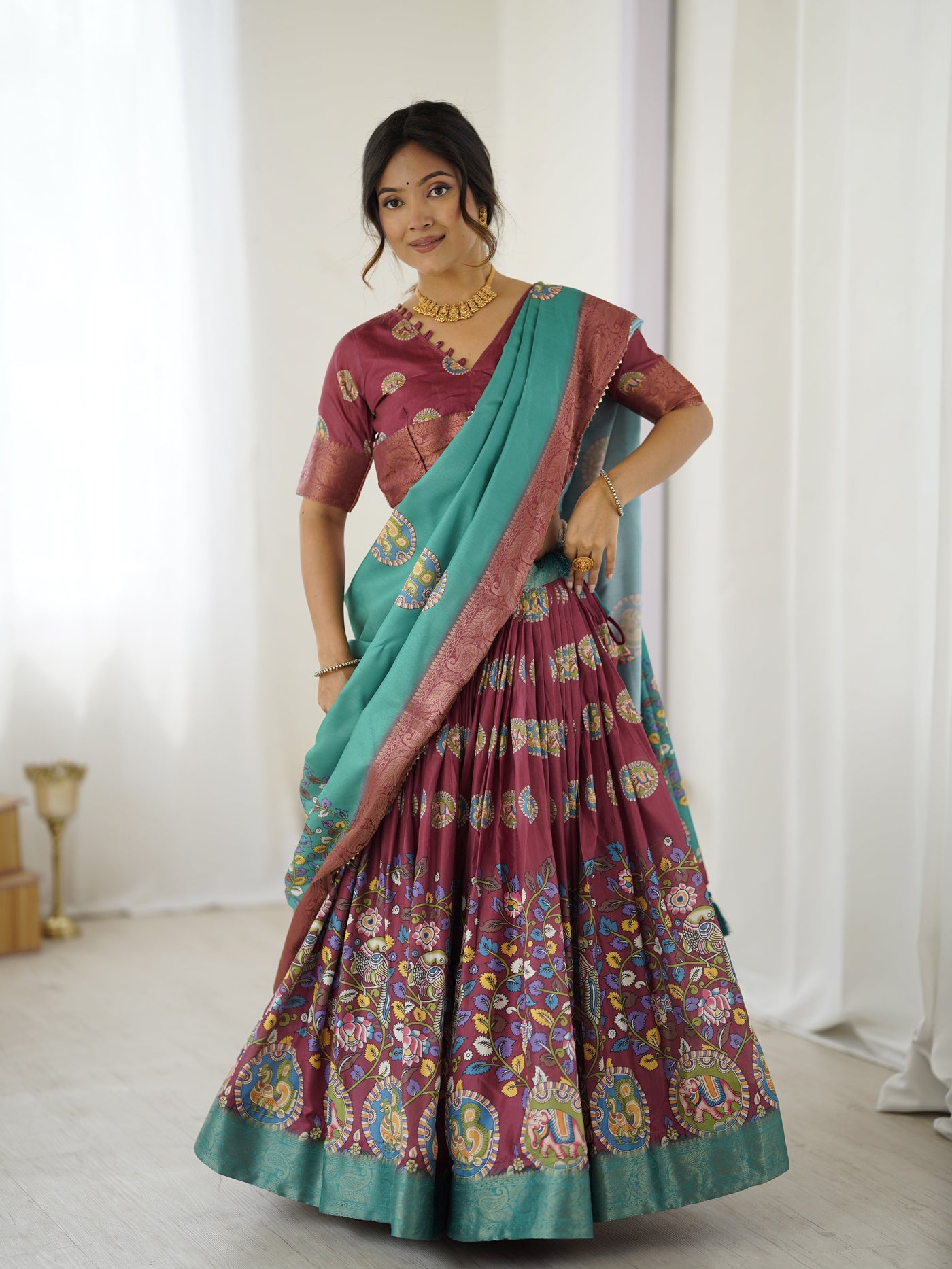 Wine & Teal Kalamkari Tussar Silk Lehenga with Zari Border & Tassel Dupatta – Festive & Wedding Wear