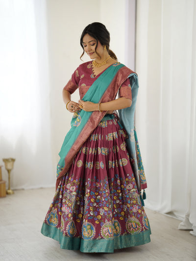 Wine & Teal Kalamkari Tussar Silk Lehenga with Zari Border & Tassel Dupatta – Festive & Wedding Wear