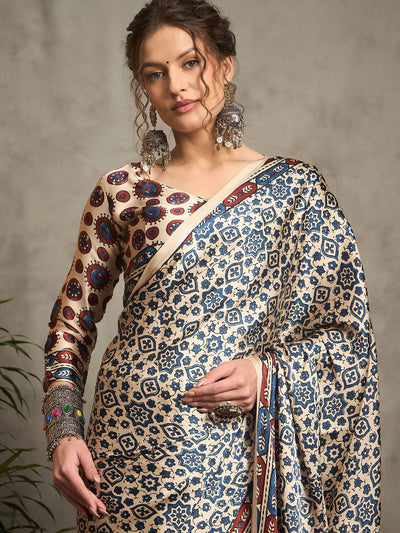 Royal Gajji Silk Saree in Cream & Indigo with Traditional Ajrakh Print