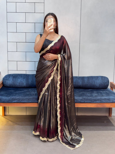 Midnight Wine Elegance – Rich Soft Shimmer Saree with Sabyasachi Embroidery Lace