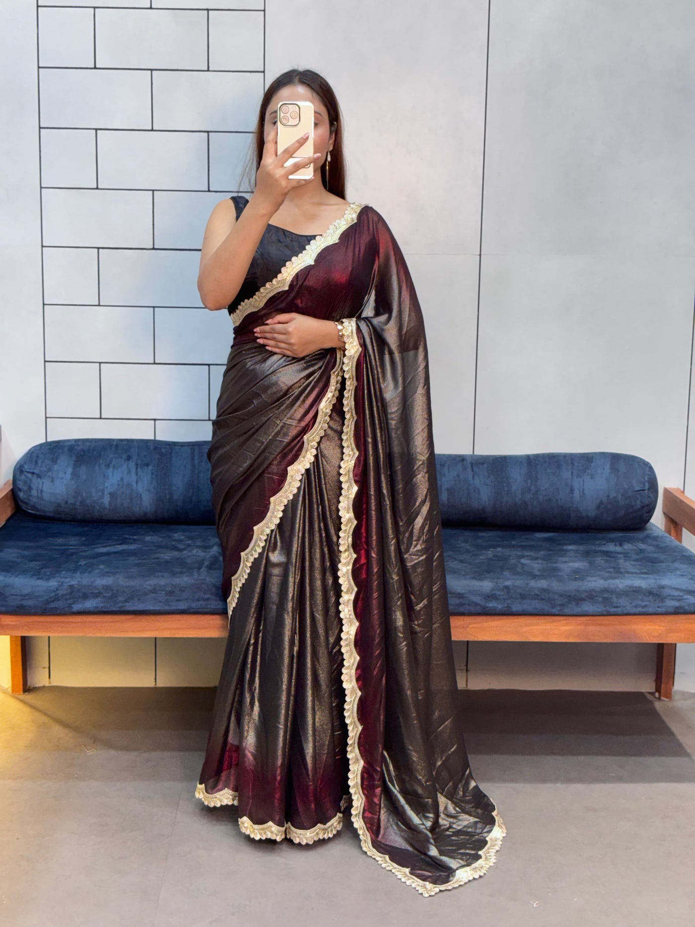 Midnight Wine Elegance – Rich Soft Shimmer Saree with Sabyasachi Embroidery Lace